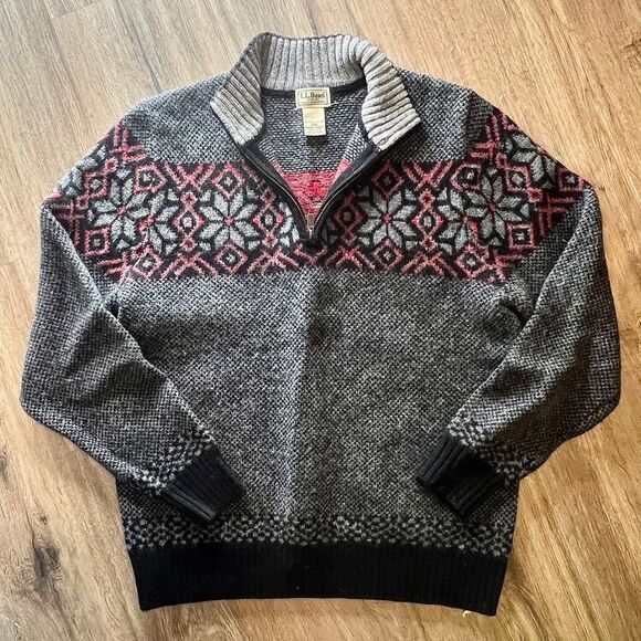 LL Bean 100% Laine Shetland Wool 1/4 Quarter Zip Sweater Mens Small Fair Isle - Picture 1 of 11